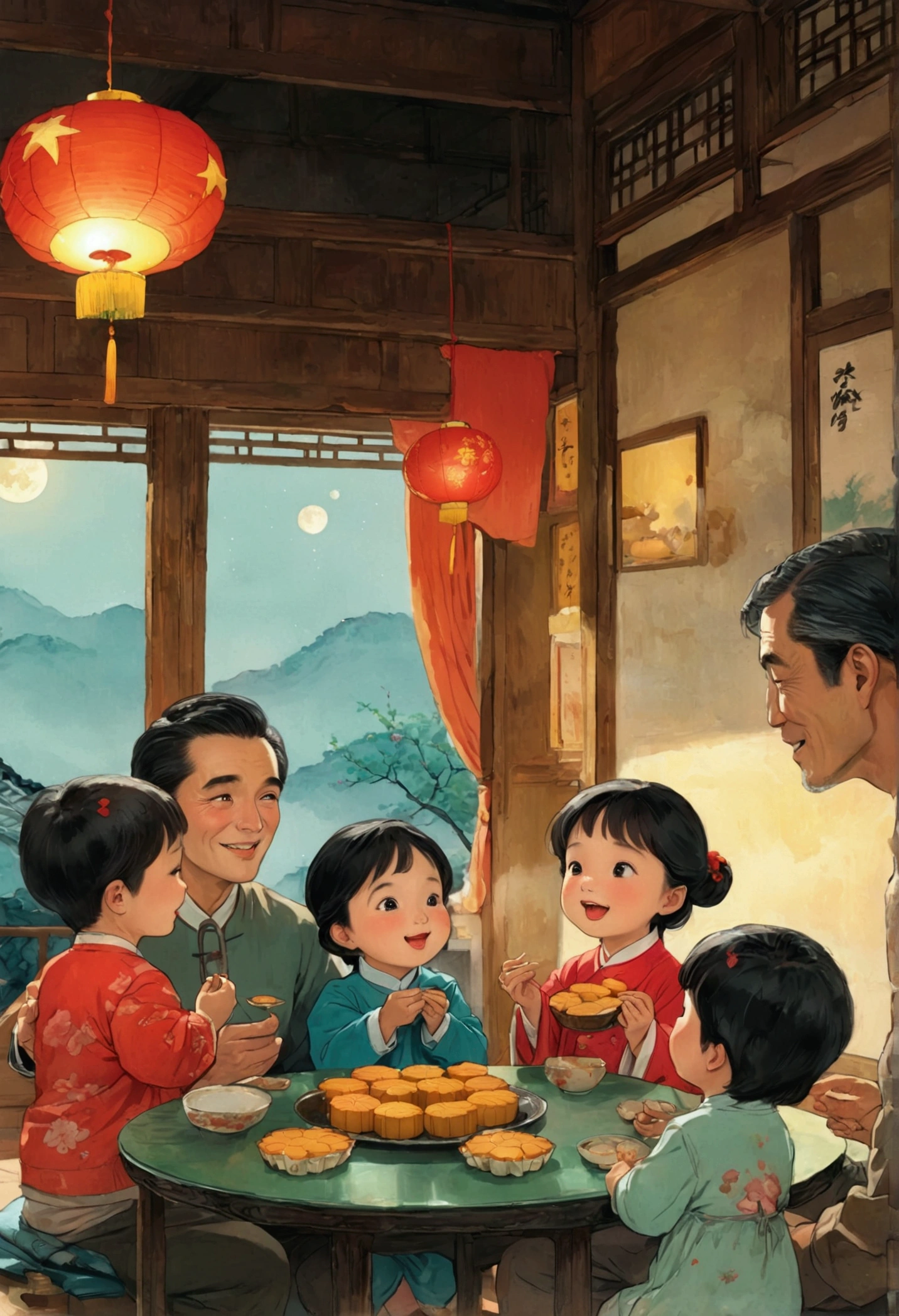 (Top quality、8K、masterpiece:1.3)、China 70s，The family sits together and eats mooncakes,Mom, Dad and children laughing together，Place it in the living room、Bright house scene，Extremely delicate face and skin，Warm scene，Perfect details