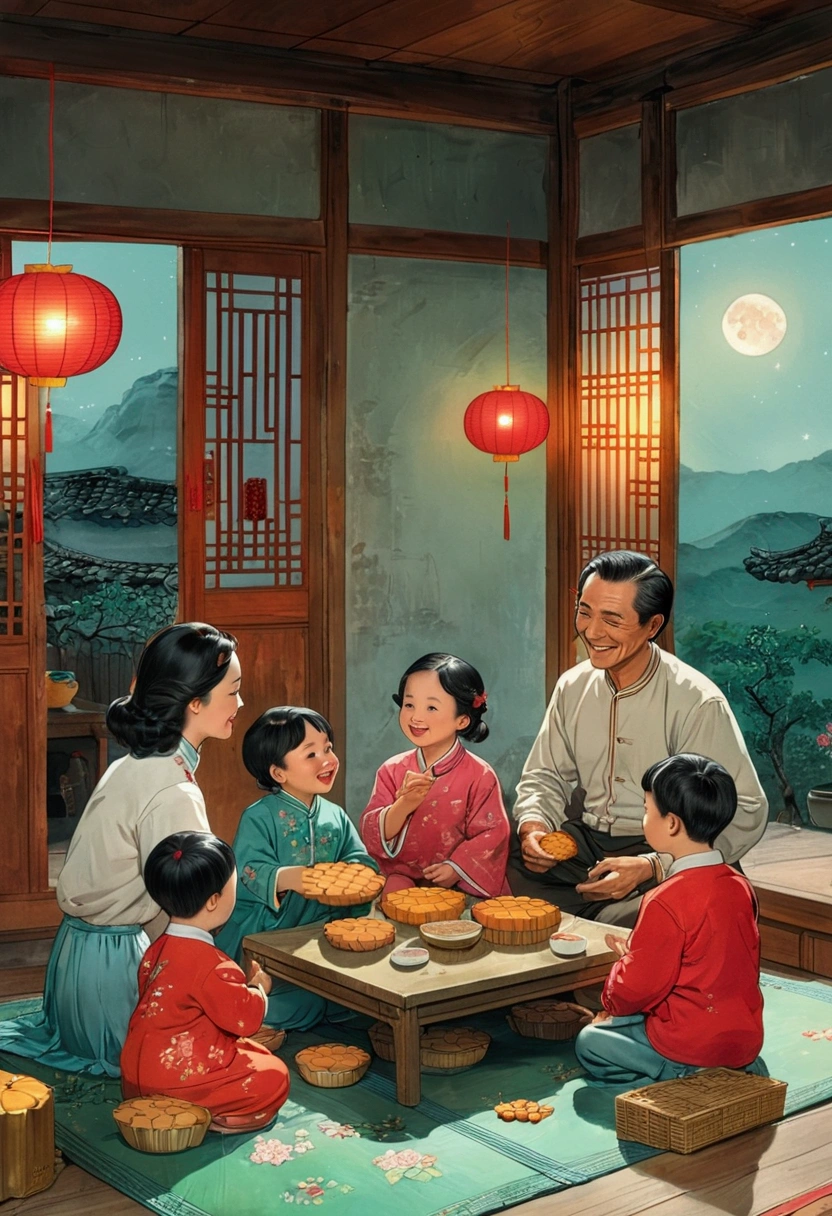 (Top quality、8K、masterpiece:1.3)、China 70s，The family sits together and eats mooncakes,Mom, Dad and children laughing together，Place it in the living room、Bright house scene，Extremely delicate face and skin，Warm scene，Perfect details