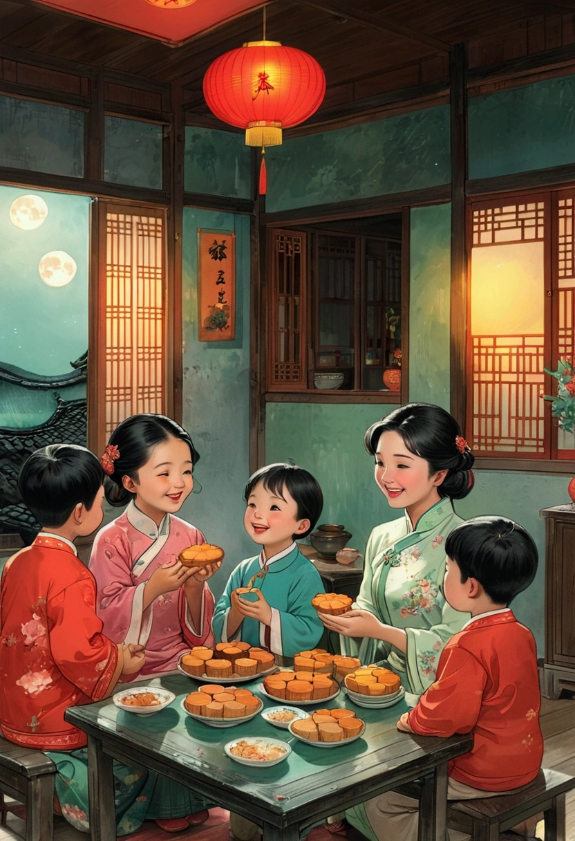 (Top quality、8K、masterpiece:1.3)、China 70s，The family sits together and eats mooncakes,Mom, Dad and children laughing together，Place it in the living room、Bright house scene，Extremely delicate face and skin，Warm scene，Perfect details