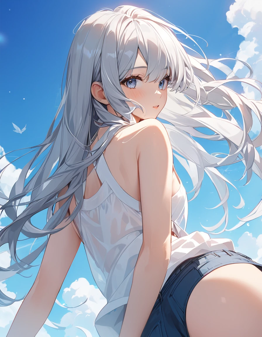 8k, Highest quality, masterpiece, Wallpapers by Unity 8k, (One Girl) , 、cute、(((Silver Hair))),(Her hair color is a blue-gray gradient), Medium long hair Beautiful breasts, Summer fashion、one piece、blue sky、from behind, from below
