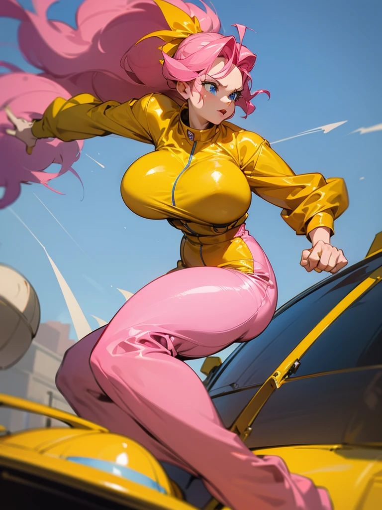 a mature woman , hero pose, big pink hair, shining blue eyes, wearing a mustard yellow jumpsuit. hero pose, big breasts35 years old, running away from a vintage UFO