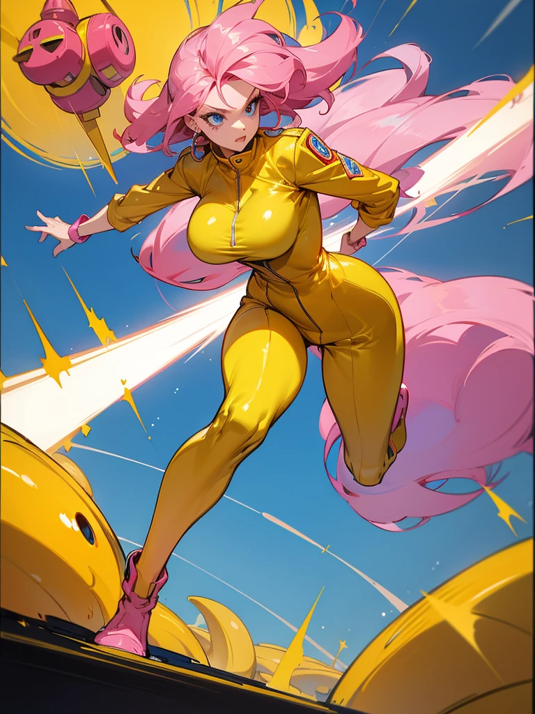 a mature woman , hero pose, big pink hair, shining blue eyes, wearing a mustard yellow jumpsuit. hero pose, big breasts35 years old, running away from a vintage UFO
