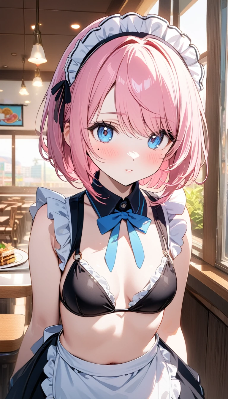 (1 girl),(Best Picture Quality, 8K, Masterpiece:1.3), (high school student:1.5), ((pink lob hair:1.1)), (bob cut),(swept bangs), (cute eyes, pupil black, iris skyblue, youthful face), (mole under right eye), (standard weight), (small breasts), (glistening skin:1.1),(pale skin:1.2),((bikini maid)), restaurant.