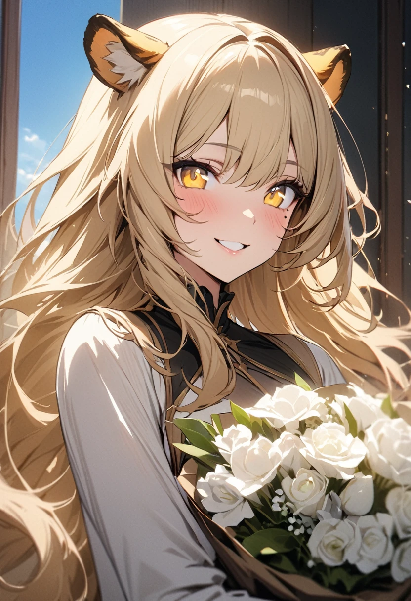 1girl、(((best quality)), ((masterpiece)), (details), masterpiece, best quality, high quality, ulutra detailed, perfect face, ((1girl, blond eyes, tiger ears: 1.3 blond long hair: 2.5,Mole under left eye:2.0))、Shiny Hair、Glowing Skin、Lustful look、Holding a bouquet、blue sky、smile、Frill dress、
