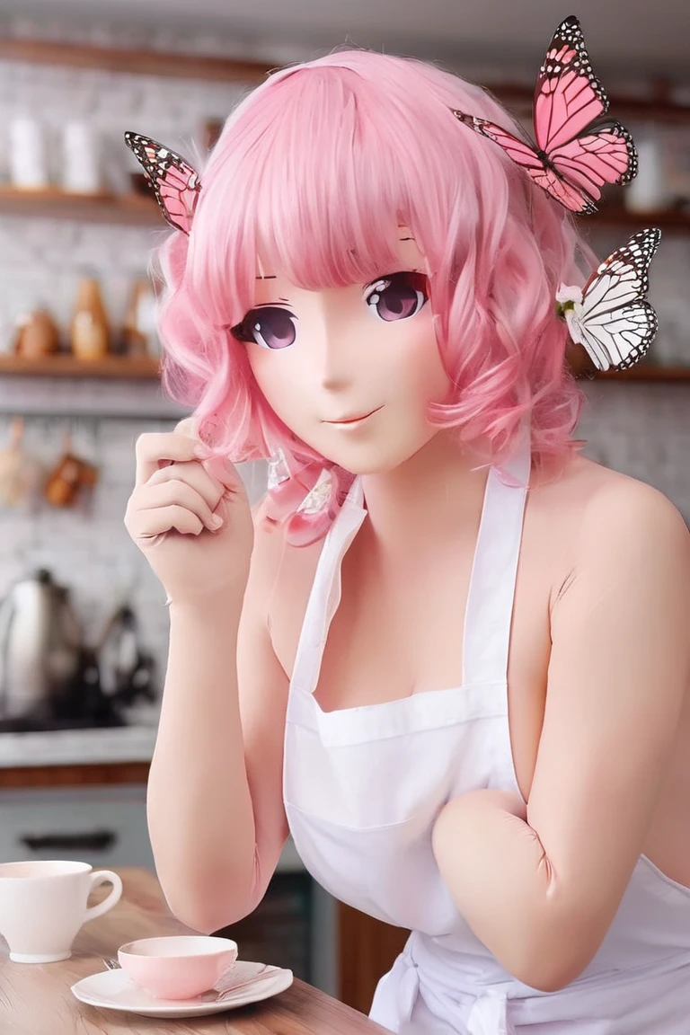 Pink Hair, Butterfly Hair Ornament, (naked:1.3), (White apron),, Cleavage, Huge breasts, Thighs, Cafe Background, (blush:1.3)