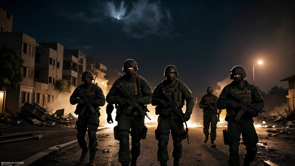 Create a high-resolution image of a squad of black commandos on a night mission walking through a warzone area. The commandos should be in tactical gear with realistic textures and details, equipped with night vision goggles. The background should feature destroyed houses, tanks, and helicopters with a blurred effect to emphasize motion and chaos. Smoke should billow from various points in the scene to enhance the warzone atmosphere. Use realistic lighting to capture the eerie and tense environment of a nighttime mission, with subtle highlights and shadows to accentuate the details. Ensure the scene has a moonlit sky with scattered clouds to add to the realism