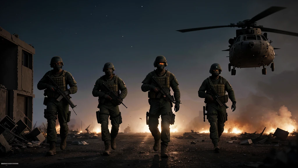 Create a high-resolution image of a squad of black commandos on a night mission walking through a warzone area. The commandos should be in tactical gear with realistic textures and details, equipped with night vision goggles. The background should feature destroyed houses, tanks, and helicopters with a blurred effect to emphasize motion and chaos. Smoke should billow from various points in the scene to enhance the warzone atmosphere. Use realistic lighting to capture the eerie and tense environment of a nighttime mission, with subtle highlights and shadows to accentuate the details. Ensure the scene has a moonlit sky with scattered clouds to add to the realism
