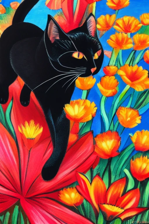 A sleek black cat in bright red boots with a red hat holds a vibrant flower in his hands, its petals dancing in the gentle breeze. The cat twirls and wags its paws, its paws barely touching the ground as it gazes out over a tranquil garden filled with colorful wildflowers. The sun shines down on the scene, casting a warm glow on the cat and the surrounding foliage.