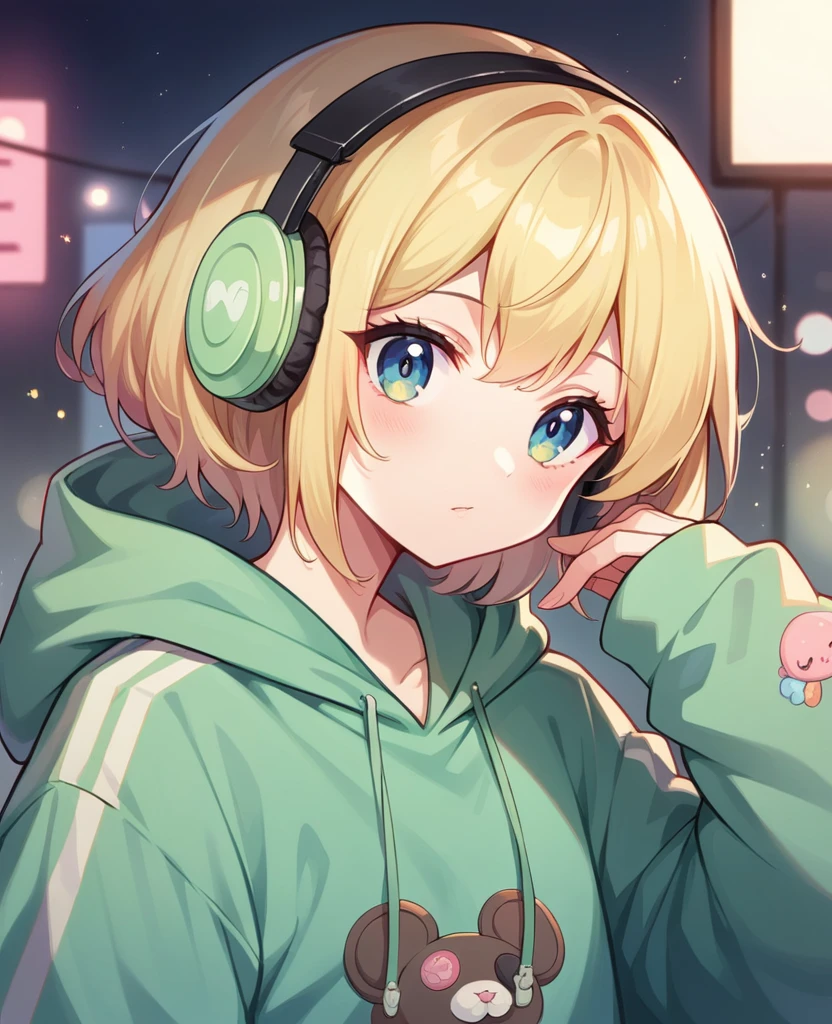 Cute cat dressed in a Green spray neon hoodie with pastel gold blonde accents, oversized headphones snugly fit around its neck, mid-action as it maneuvers through an urban setting, backdrop of graffiti-covered walls, contemporary streetwear fashion vibe, pastel tones, soft-focus background, bokeh lights, digital painting, ultra fine, ultra realistic