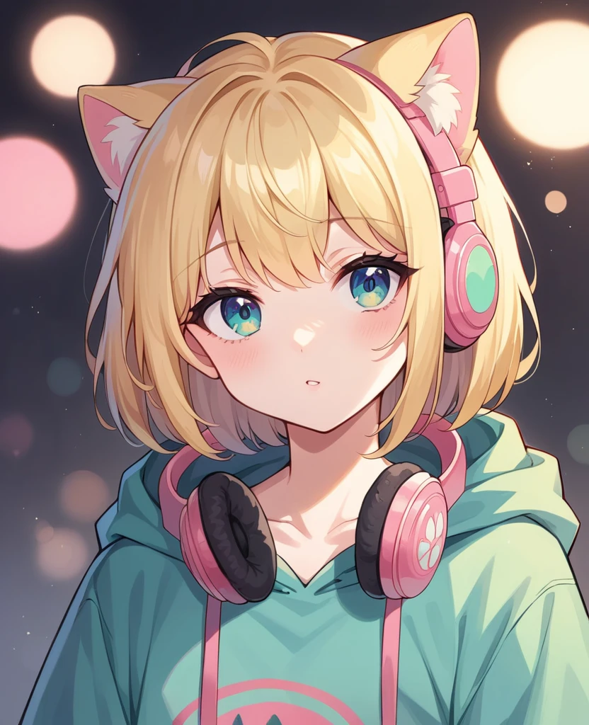 Cute cat dressed in a Green spray neon hoodie with pastel gold blonde accents, oversized headphones snugly fit around its neck, mid-action as it maneuvers through an urban setting, backdrop of graffiti-covered walls, contemporary streetwear fashion vibe, pastel tones, soft-focus background, bokeh lights, digital painting, ultra fine, ultra realistic