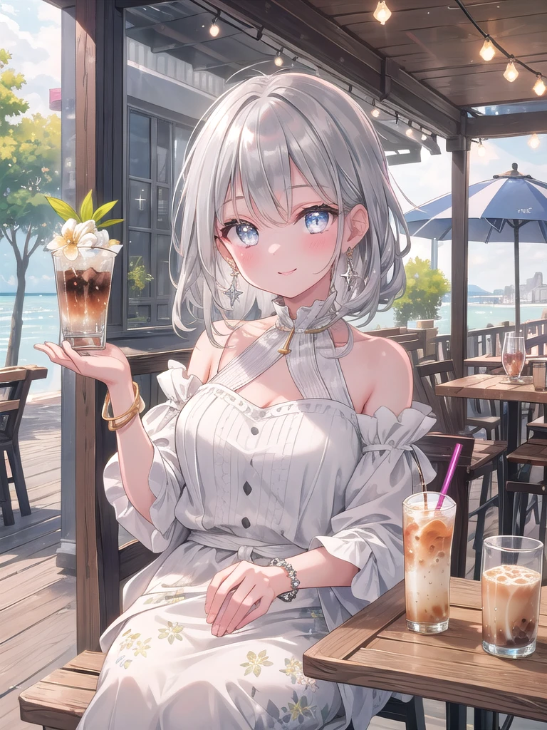 ((8k, best quality, master piece: 1.3)),super high resolution,(1 girl, solo), (colorshift eyes, hyperdetailed, expressive sparkling, glitter, glowing eyes), ultra detailed eyes, ultra-detailed face, random hair, ((silver gray color)), Ecstatic expression, In the photo of a moment on the cafe terrace, a silver-haired woman wearing a floral summer dress is shown sitting on the terrace of a seaside cafe, leaning her elbows on a wooden table and drinking iced coffee, holding the glass in one hand and supporting the table with the other, bringing the glass close to her lips, smiling happily at the camera, and her gold earrings and bracelet shining elegantly.