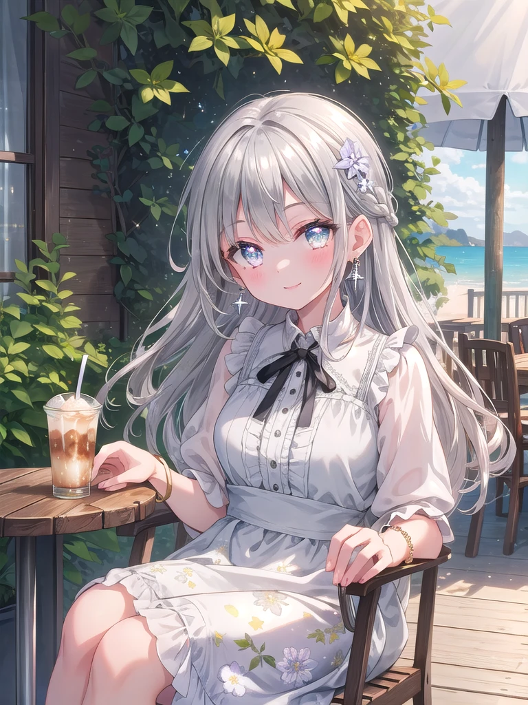 ((8k, best quality, master piece: 1.3)),super high resolution,(1 girl, solo), (colorshift eyes, hyperdetailed, expressive sparkling, glitter, glowing eyes), ultra detailed eyes, ultra-detailed face, random hair, ((silver gray color)), Ecstatic expression, In the photo of a moment on the cafe terrace, a silver-haired woman wearing a floral summer dress is shown sitting on the terrace of a seaside cafe, leaning her elbows on a wooden table and drinking iced coffee, holding the glass in one hand and supporting the table with the other, bringing the glass close to her lips, smiling happily at the camera, and her gold earrings and bracelet shining elegantly.