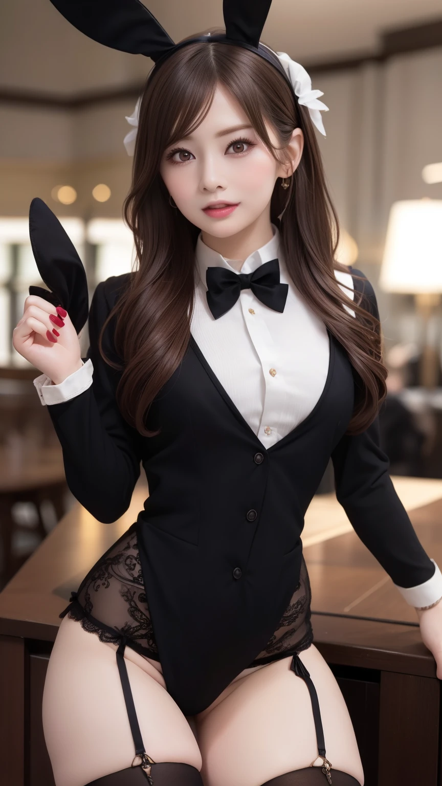 Highest quality、Large Breasts、Great light、Beautiful lighting、Brown Hair、Blunt bangs、((Straight hair))、Lace fabric、Sexy black bunny suit、((Bunny ears headband、A bow tie))、Gorgeous Accessories、Knee-high socks、dance、Cute Smile、Casino Background