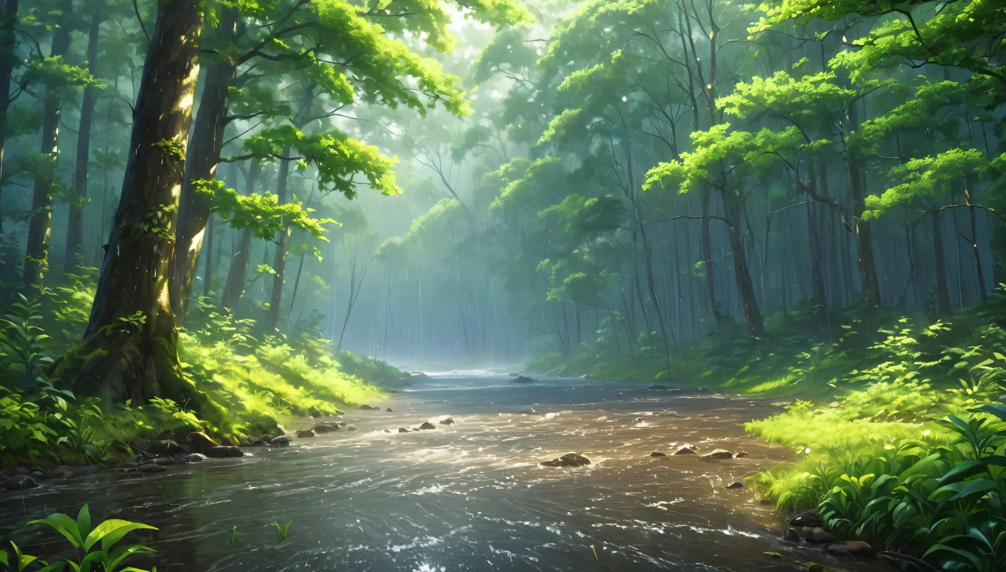 early summer,forest,heavy rain,Rich in nature,Highest quality, 8k, High resolution, masterpiece:1.2, Very detailed, Realistic:1.37, High resolution, 超High resolution, Very detailed, Professional, Vibrant colors