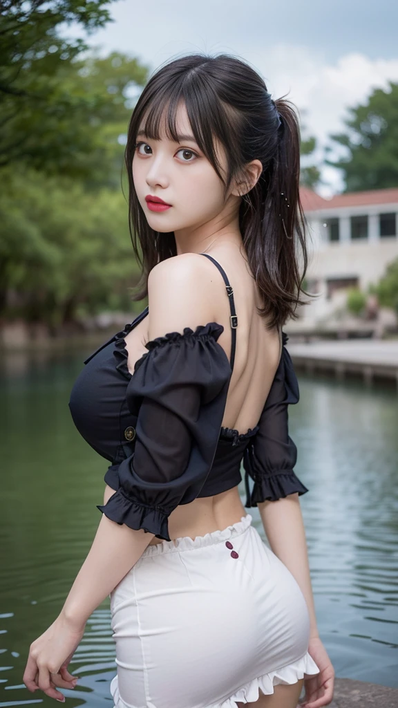 Browsing Caution,((masterpiece)),(((Highest quality))),((Very detailed)),((((Realistic)))),((Disheveled Hair)),((Frills)),(1 girl),(alone),((Sex from front)), (((Ass Focus))),,lipstick,Dynamic Angle,Big Top Sleeves,floating,Beautiful detailed sky,Beautiful detailed water,Beautiful fine details,Exposure,(fist),Erotic look,Blunt Side Bangs,Hair between the eyes,ribbon,,button,Shoulder Bare,(((Large Breasts))),Detailed wet clothes,Blank face,Pleated skirt,Flowers  