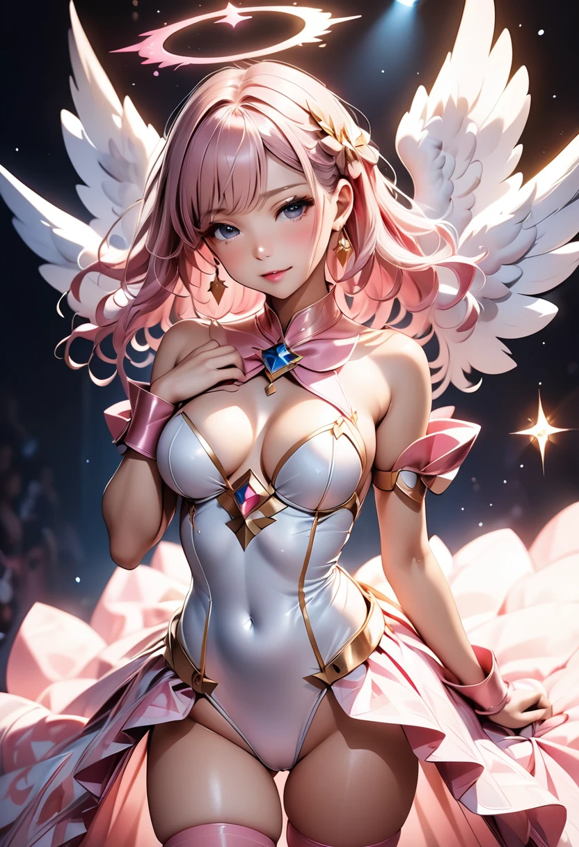 (Perfect Anatomy)、masterpiece、super high quality、 8k、masterpiece、Highest quality、Ultra-high resolution、Maximum resolution、Very detailed、Professional Lighting、ai-generated、woman、thin、so beautiful、Very detailedな目、Very detailedな顔、Gold earrings、Center of chest, Pink Lips, Pink upper arm armor, White leotard, pink pattern, whole body, Magical girl, Angel Girl, Are standing, Pink thigh high stockings, White super long boots, Pink Gauntlet, High heels, Hands glowing pink, Curl the inside of your hair, Bridal Hair Accessories、Fantasy Style、Sexy pose、