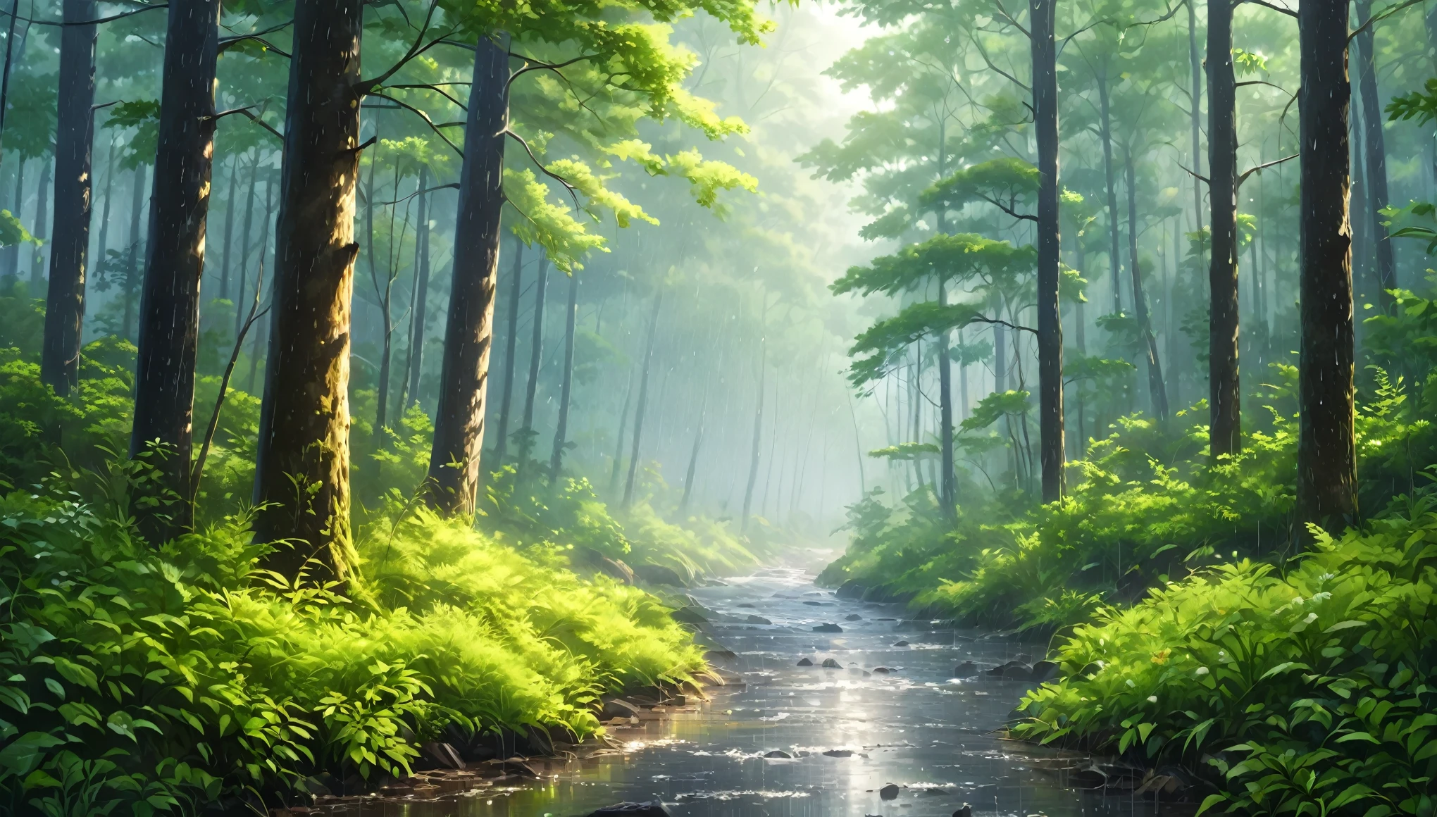 early summer,forest,heavy rain,Rich in nature,Highest quality, 8k, High resolution, masterpiece:1.2, Very detailed, Realistic:1.37, High resolution, 超High resolution, Very detailed, Professional, Vibrant colors