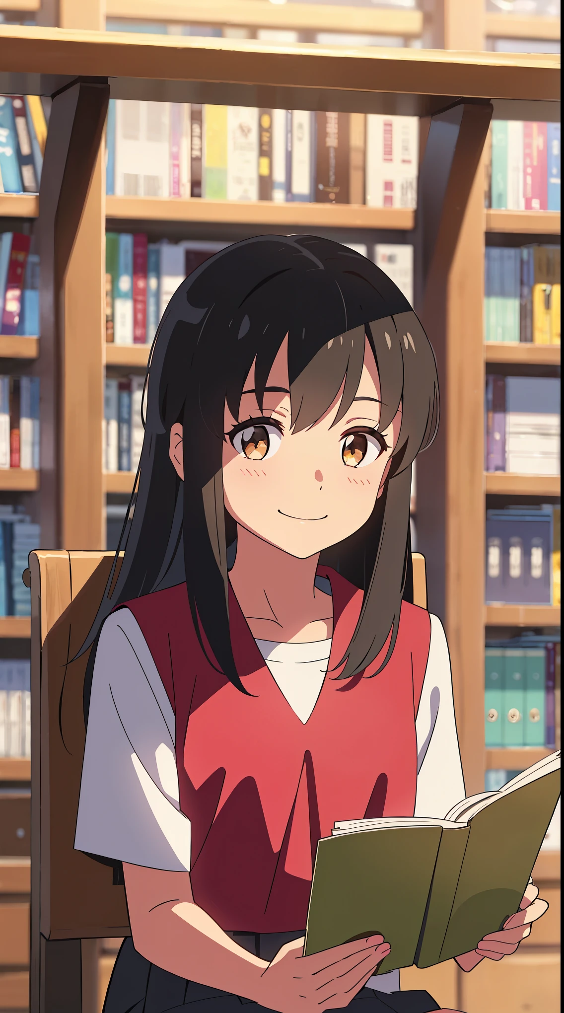 highest quality, masterpiece, shinkai makoto, kimi no na wa., 1 girl, bangs, black hair, blush, brown eyes, white collar, green strip collar, white color, white shirt color, serafuku, looking at the viewer, red bow, red headband, red ribbon, , black hair, Upper body, smile, cute, alone, shirt, white skirt, pleated skirt, short sleeve, smile, sitting in a chair, library, reading a book