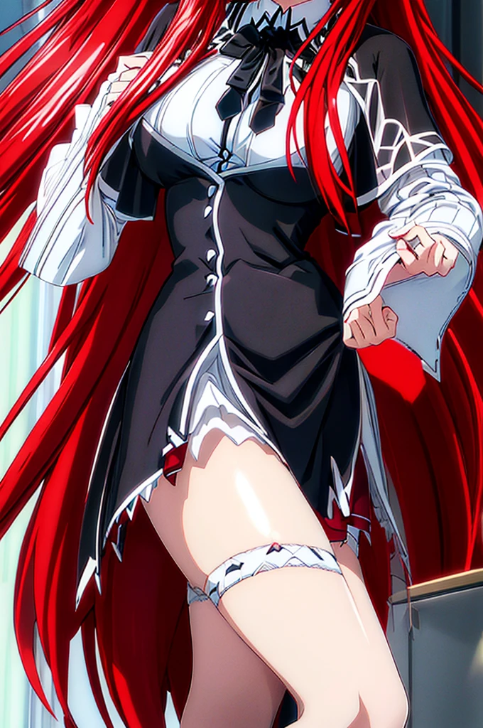 breas,Rias_Gremory, black ribbon, white collared shirt, red pleated skirt, black capelet,chichibukuro