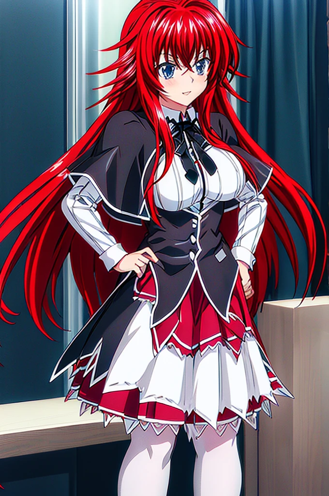 breas,Rias_Gremory, black ribbon, white collared shirt, red pleated skirt, black capelet,chichibukuro