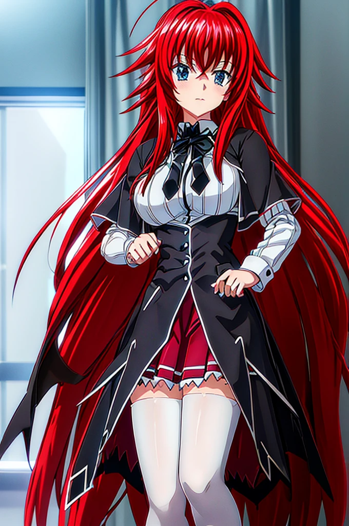 breas,Rias_Gremory, black ribbon, white collared shirt, red pleated skirt, black capelet,chichibukuro