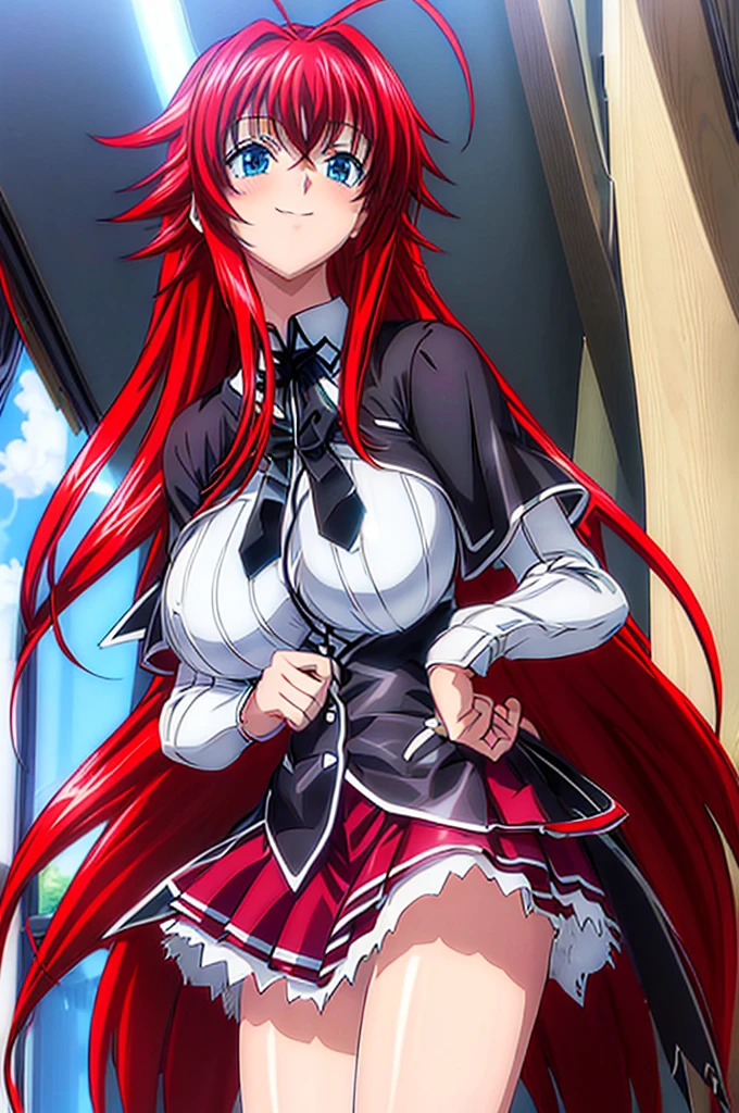 Rias_Gremory, black ribbon, white collared shirt, red pleated skirt, black capelet
(pikkyriasgremory, high school dxd, blue eyes, breasts, large breasts, long hair, very long hair, red hair, ahoge, huge ahoge, 18 years old, thurime) (standing, smilling, front point of view) (outfit: , skirt) ,KuohAcademyUniform, living room, curatins, window, dappled sunlight, sunset, sunset, sunset
