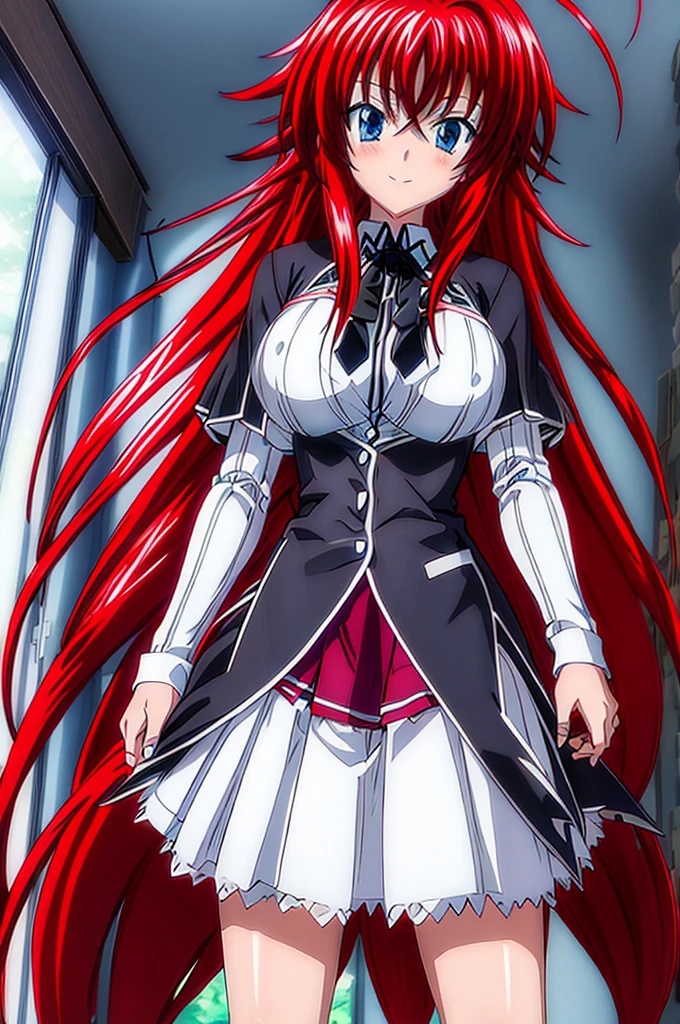 Rias_Gremory, black ribbon, white collared shirt, red pleated skirt, black capelet
(pikkyriasgremory, high school dxd, blue eyes, breasts, large breasts, long hair, very long hair, red hair, ahoge, huge ahoge, 18 years old, thurime) (standing, smilling, front point of view) (outfit: , skirt) ,KuohAcademyUniform,  living room, curatins, window, dappled sunlight, sunset, sunset, sunset