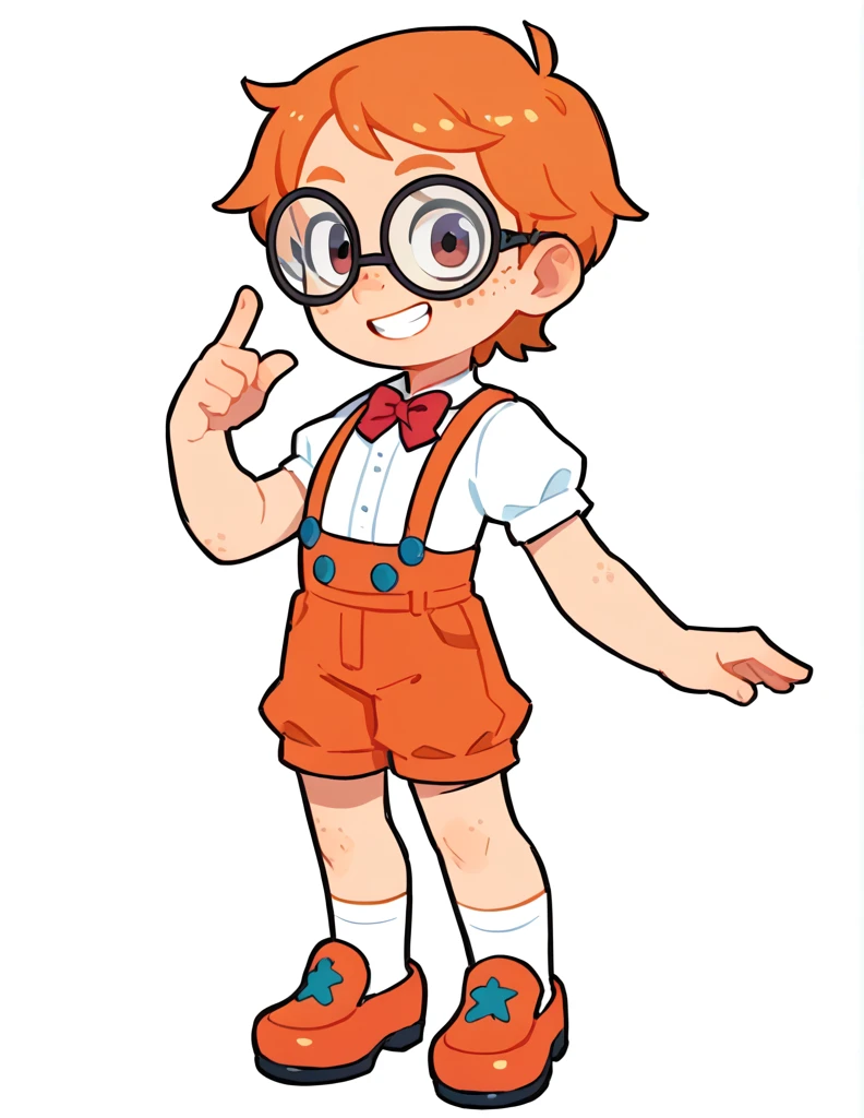 solo, The Q version of the cute human, male, orange hair, freckles, short hair, round eyeglasses, big eyeglasses, human ears, standing, victory signal with one hand, raising hand, smiling, eyes looking at viewer, happy, smile, grin, showing teeth, eyes blinking, cute, white background, full body, red bowtie, preppy uniform, short pants, long white socks, old shoes, paperboy outfit, victorian outfit, suspenders, shorstack, chubby,