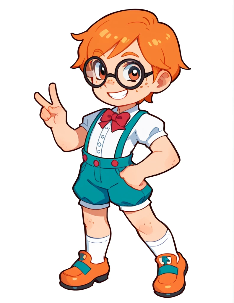 solo, The Q version of the cute human, male, orange hair, freckles, short hair, round eyeglasses, big eyeglasses, human ears, standing, victory signal with one hand, raising hand, smiling, eyes looking at viewer, happy, smile, grin, showing teeth, eyes blinking, cute, white background, full body, red bowtie, preppy uniform, short pants, long white socks, old shoes, paperboy outfit, victorian outfit, suspenders, shorstack, chubby,