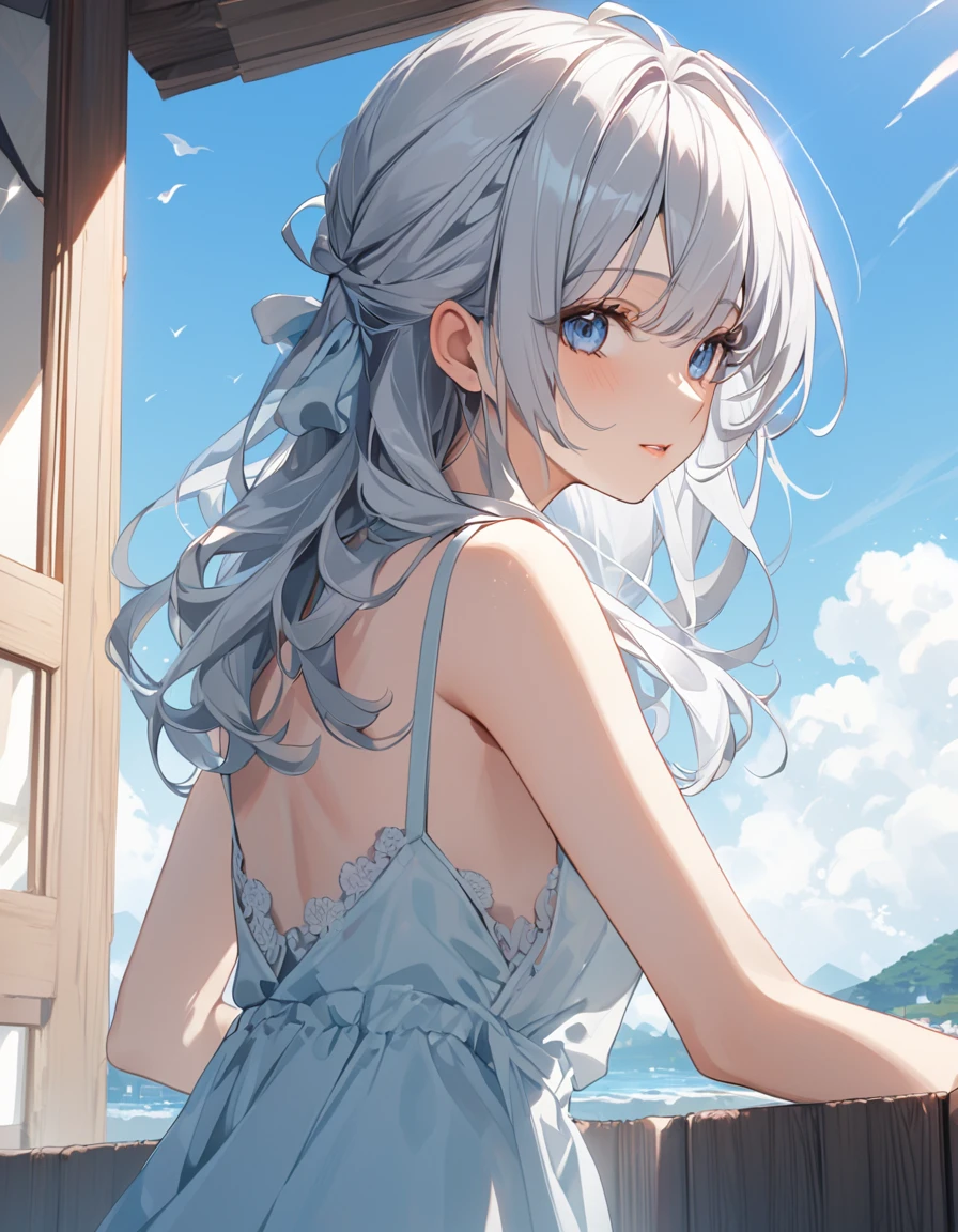 8k, Highest quality, masterpiece, Wallpapers by Unity 8k, (One Girl) , 17 years old、cute、(((Silver Hair))),(Her hair color is a blue-gray gradient), Medium long hair Beautiful breasts, Summer fashion、one piece、blue sky、from behind, from below