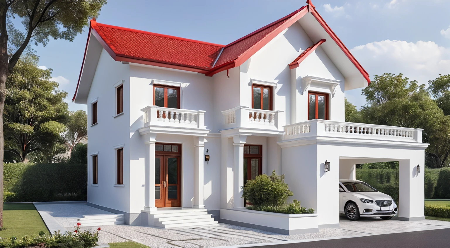 a rendering of a small white house with a red roof, frontview, exterior design, front perspective, 2 d render, front-view, front elevation view, front view dramatic, inter dimensional villa, front view, residential design, complete house, overall architectural design, detailed design, sketch - up, d render, simple yet detailed, with 3 d render