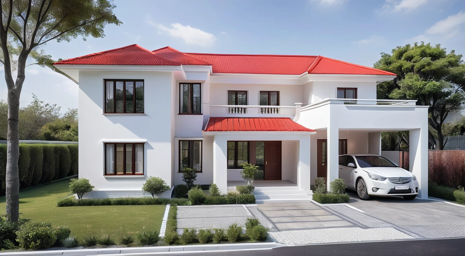 a rendering of a small white house with a red roof, frontview, exterior design, front perspective, 2 d render, front-view, front elevation view, front view dramatic, inter dimensional villa, front view, residential design, complete house, overall architectural design, detailed design, sketch - up, d render, simple yet detailed, with 3 d render