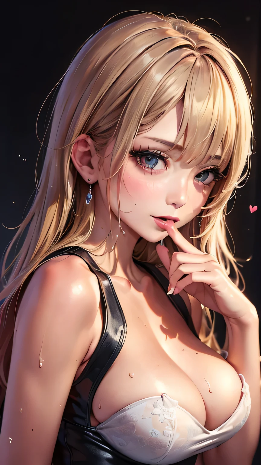(8k、RAW Photos、Highest quality、masterpiece:1.2)、(Realistic、Realistic:1.37)、Very detailed、Ultra-high resolution、Beautiful and well-proportioned face、Ahegao、hands in heart pose、Asian,Gal,model, Dark Blonde Long, Lip gloss(Wet lips),Big Breasts、Sunburned skin,Beautiful and beautiful skin、Professional Lighting、sexy、orgasm、