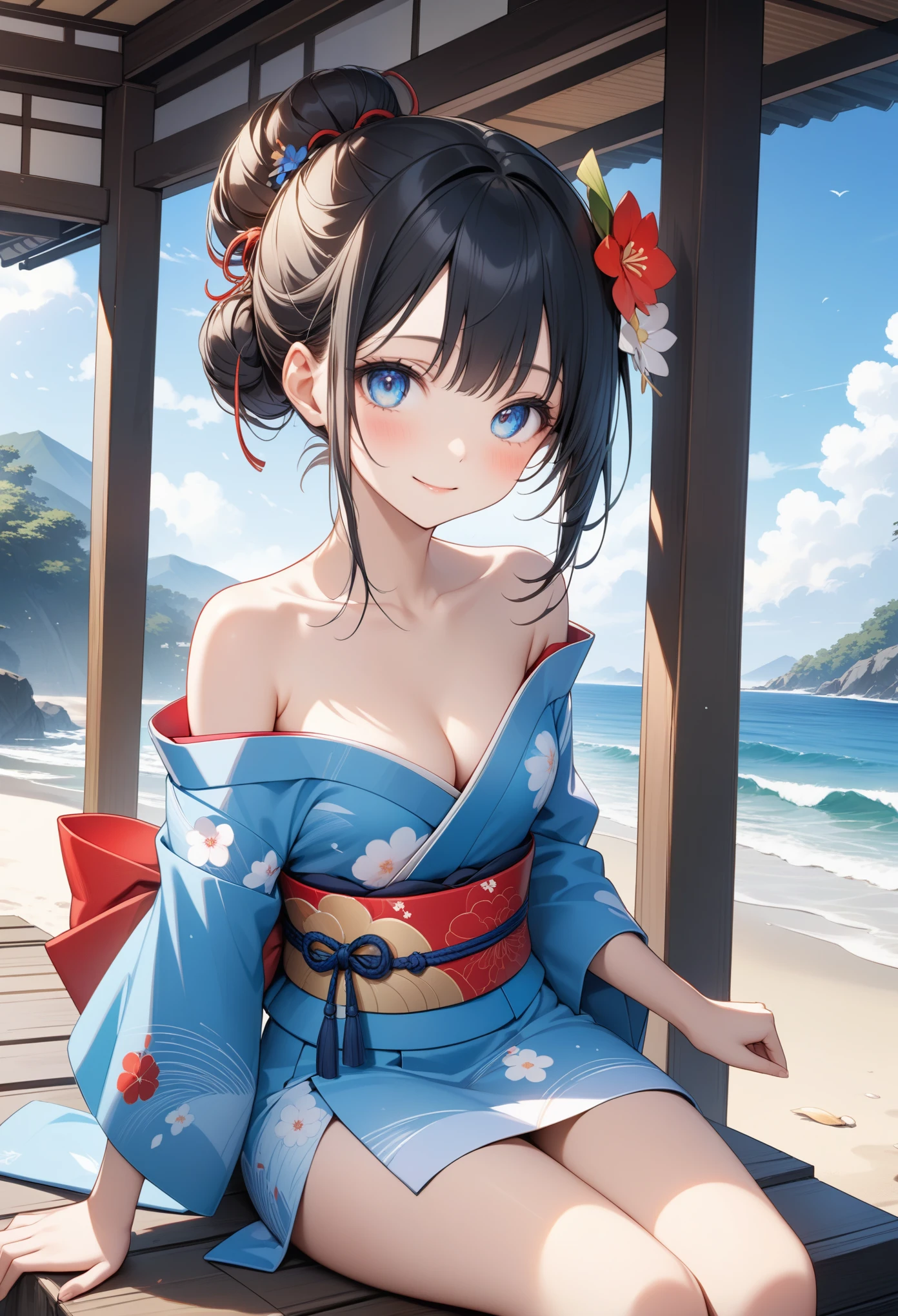 girl in japanese costume sitting on ledge of small beach, holding hands on her knees, 1girl, japanese clothes, solo, hair ornament, kimono, flower, hair flower, black hair, breasts, sitting, blue kimono, looking at viewer, sash, blush, obi, outdoors, off shoulder, thighs, smile, beach, hair bun, bangs, cleavage, collarbone, bare shoulders, small breasts , (best quality, masterpiece, ultra-detailed, illustration),(8K wallpaper),(beautiful detailed eyes), beautiful, amazing, detailed eyes, (detailed skin