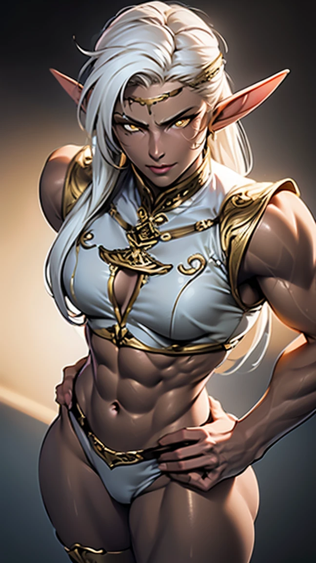 Very long hair, ponytail, Perfect Anatomy, Pirotess, 1girl, elf, long hair, white hair, circlet, yellow eyes, dark skin, 1990s (style), Slim Thick ((Muscular)) High Elf Tone Body, Gold crown, Slim Abs, Cameltoe, Hourglass Waist, Detailed face, Pronounced cheekbones, Swollen lips, Hands on hips, Glare, Hall々Behave with dignity, From above, ultra high quality, high resolution, masterpiece, exquisite, absurdes, Beautiful and detailed face, Beautiful and detailed eyes, Beautiful and detailed glossy brown skin, cinematic lighting, clair obscur, deep shadows, backlighting, deep focus, sharp focus, 