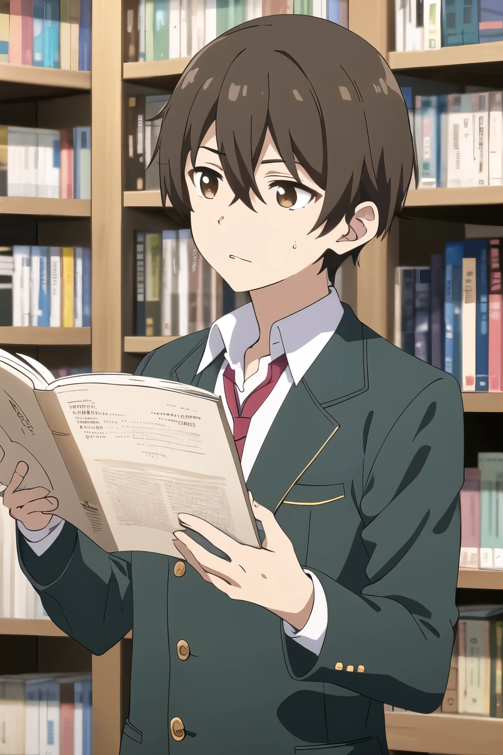 masterpiece, best quality, high quality, 1boy, solo, male focus, reading, upper body, mizuto_irido, brown eyes, brown hair, hair between eyes, , reading book