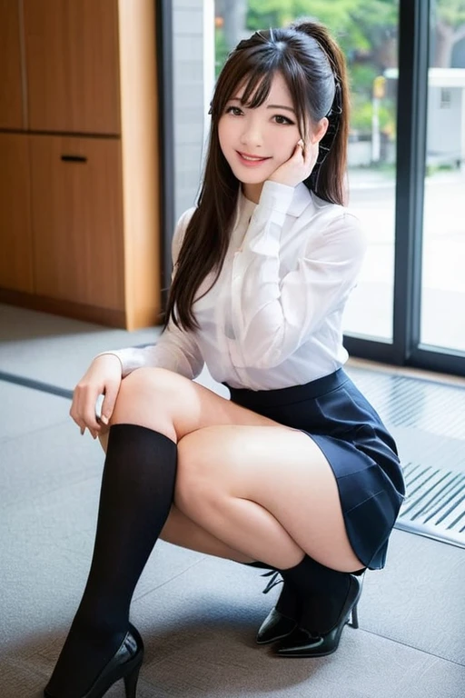 Japanese Idol,cute,smile,Large Bust,Delicate eyes,Delicate skin and hair,Sit on a chair and cross your legs,Office Lady,stockings,pumps,Beauty,High quality,Masterpiece,mini skirt,Large Bust,Black Hair,ponytail,suit