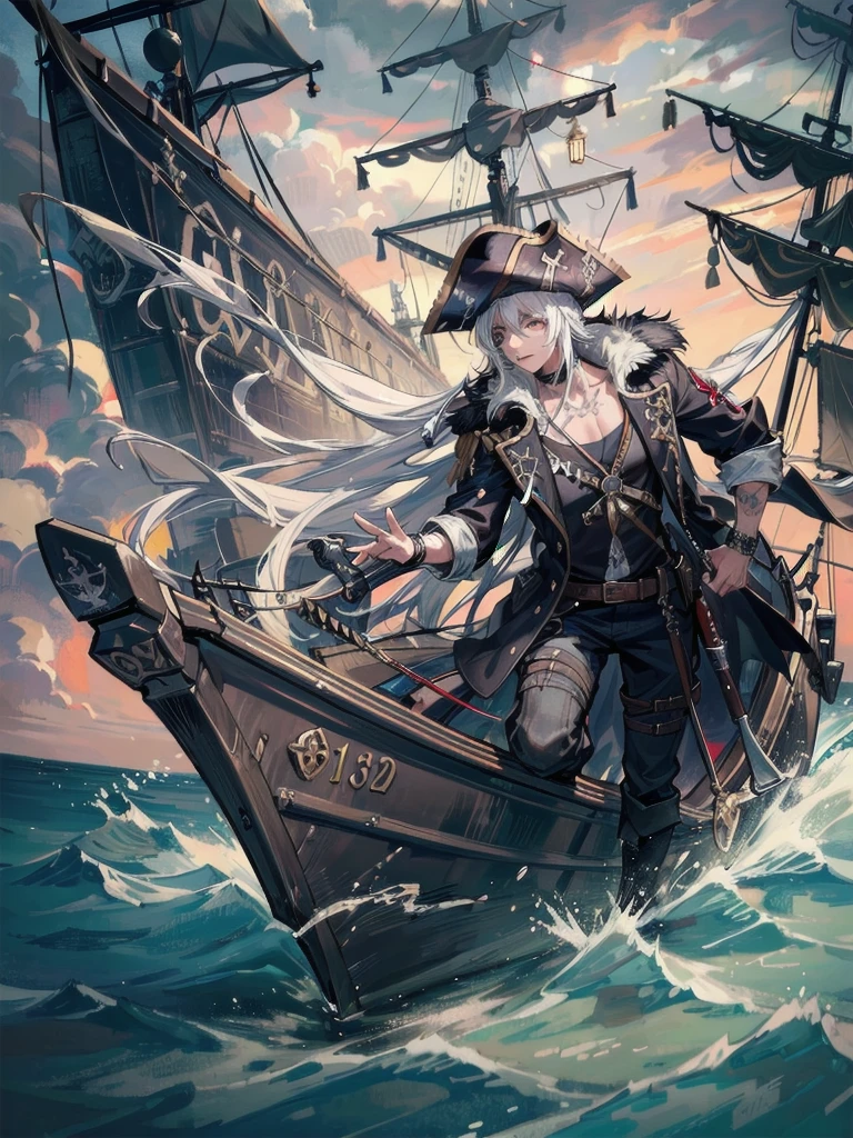 a legendary pirate, highly detailed portrait, dramatic lighting, dramatic pose, intricate tattoos, weathered skin, eyepatch, tricorn hat, flintlock pistol, cutlass sword, ship's wheel, stormy sea background, dramatic cloudy sky, cinematic lighting, digital painting, masterpiece, photorealistic, 8k, extremely detailed, hyper-realistic, masterpiece, dramatic angles