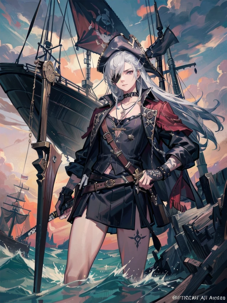 a legendary pirate, highly detailed portrait, dramatic lighting, dramatic pose, intricate tattoos, weathered skin, eyepatch, tricorn hat, flintlock pistol, cutlass sword, ship's wheel, stormy sea background, dramatic cloudy sky, cinematic lighting, digital painting, masterpiece, photorealistic, 8k, extremely detailed, hyper-realistic, masterpiece, dramatic angles