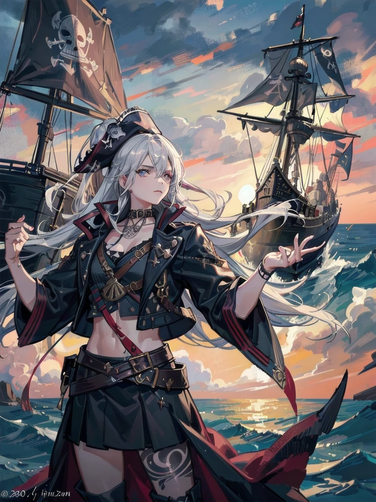 a legendary pirate, highly detailed portrait, dramatic lighting, dramatic pose, intricate tattoos, weathered skin, eyepatch, tricorn hat, flintlock pistol, cutlass sword, ship's wheel, stormy sea background, dramatic cloudy sky, cinematic lighting, digital painting, masterpiece, photorealistic, 8k, extremely detailed, hyper-realistic, masterpiece, dramatic angles