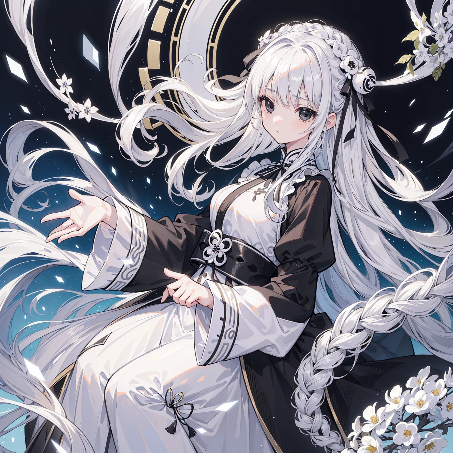 (Top image quality)、(Very detailed)、(Facing forward)、Top quality、masterpiece、(((1 girl )))、Silver Hair、White hair、((Long hair))、Weaving、(black eyes:1.6)、(White and black cheongsam)、Lots of decorations、Lots of ribbons、White Ribbon、Haggard、Fluffy loose hair