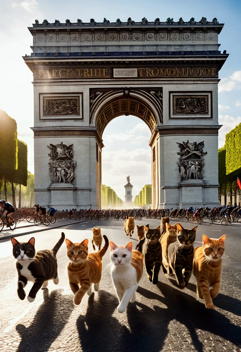 Cats running along the Champs-Élysées, Road cyclists ride close to cats,Sunlight shining through the arch, capturing the joyful atmosphere, Vibrant colors, High resolution, Very detailed, Professional Lighting, 