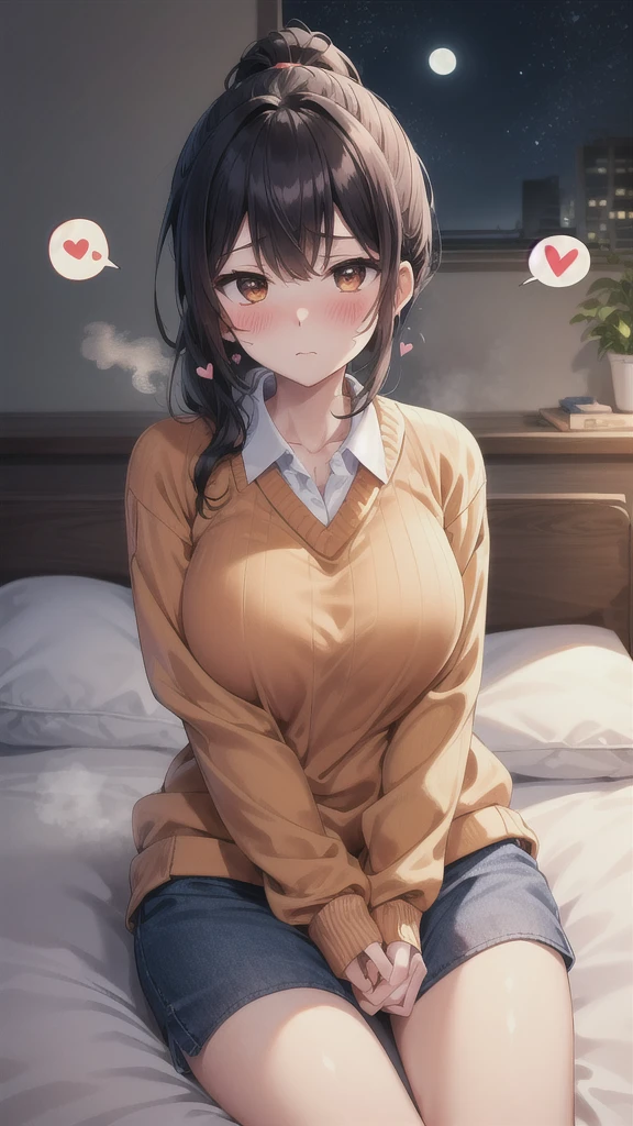 masterpiece, best quality, highres, BREAK, aayoriko,long hair,ponytail,sidelocks,bangs,schash,
(spoken hearts:1.2),(sweat:0.7),(deep breathe:1.2),(on bed:1),(steam:1.2) ,(presenting:1.3), looking at viewer
,(disheveled hair:1.1),(moonlit room:1.1),(soft bed linens:1.1),(blush:1.1), sitting,
(orange sweater:1.1),collared shirt,Large Breasts