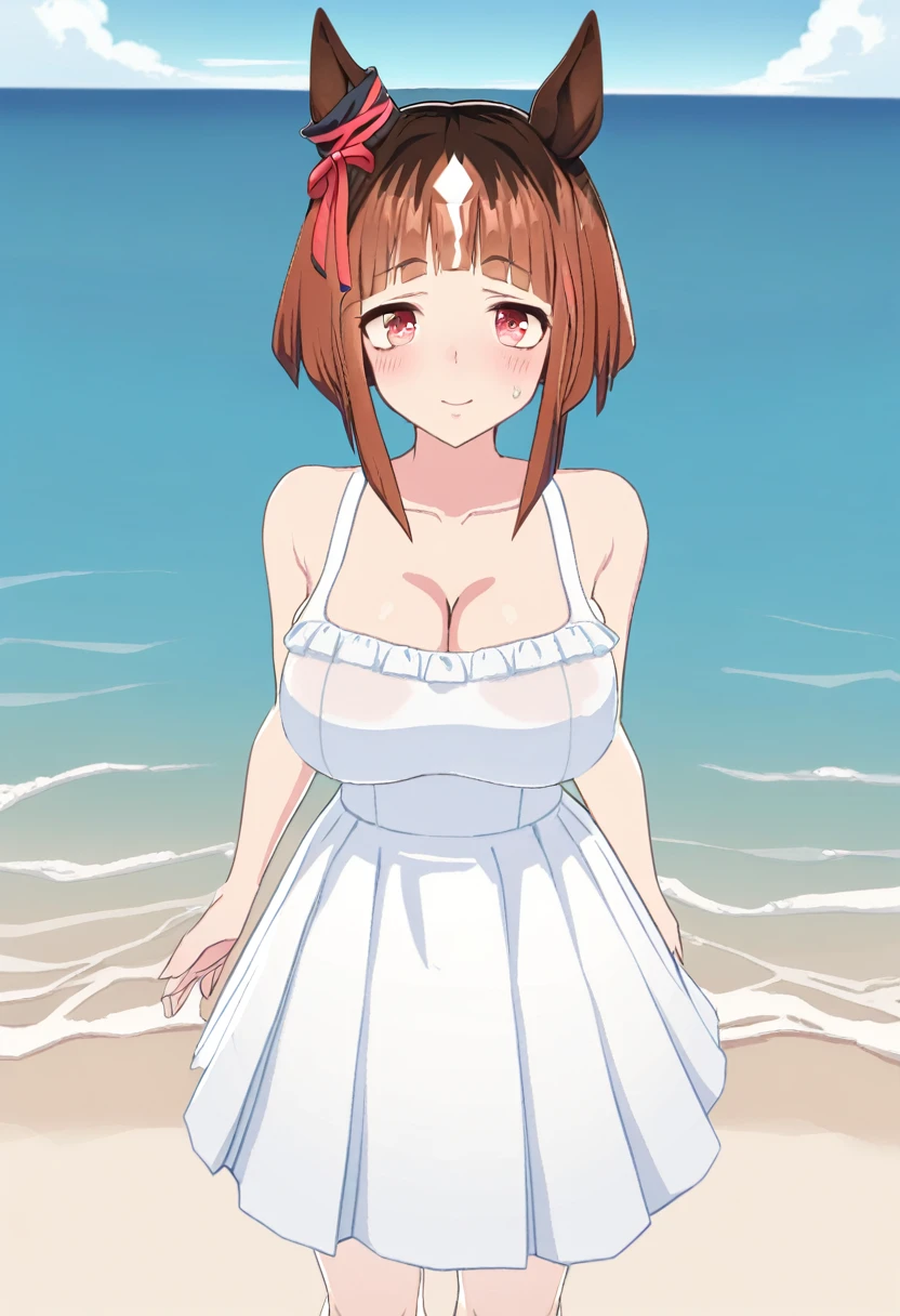 1 Girl,transcend\(umamusume\),umamusume,shiny skin,sweat,blush,large breasts,sundress,white dress,see-through,standing,full-body,water,sea,straight-on,masterpiece,best quality,very aesthetic,mid,absurdres,