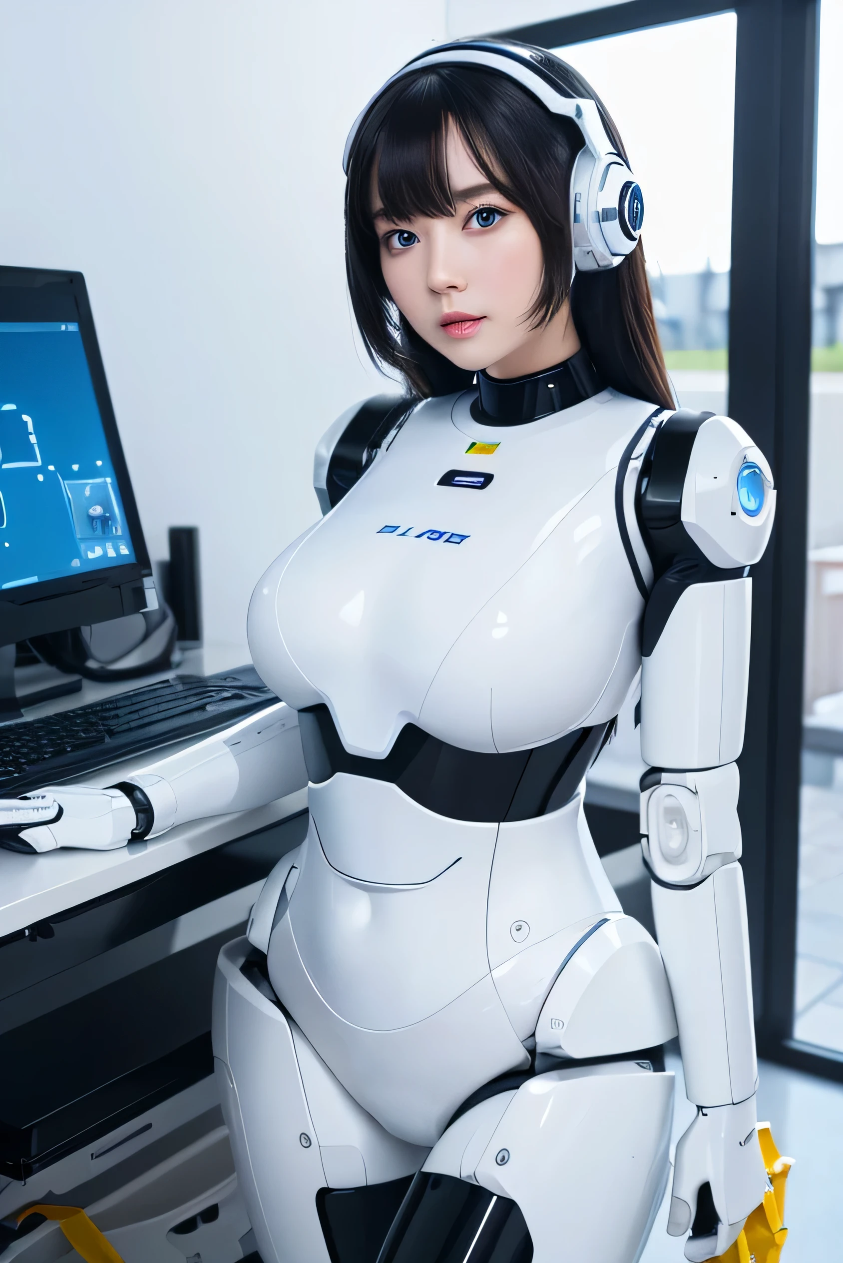 masterpiece, best quality, extremely detailed, 8K portrait,1girl in, Japaese android girl,android teacher,Plump , control panels,android,Droid,Mechanical Hand, ,Robot arms and legs, Black hair,Mechanical body,Blunt bangs,White Robotics Parts,perfect robot woman,Charging spot,perfect mechanical body,white robotics body,android assembly plant,white body,She has repaired,black sponge joints,android,laboratory,perfect machine body,white robot body,blue eyes