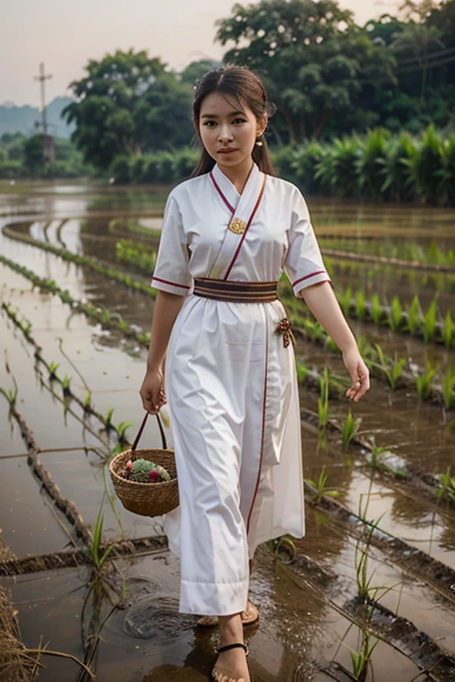 Make a picture of a young Thai woman dressed like a traditional Thai woman. Walking in the Thai rice fields