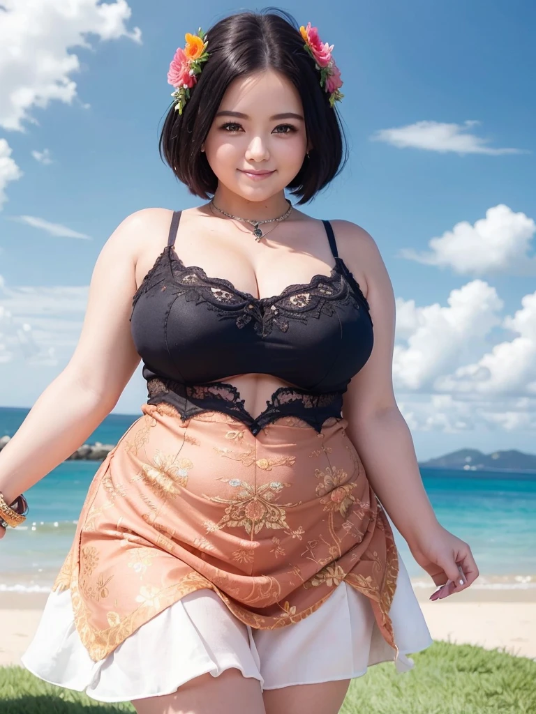 A beautiful and hot almost chubby mature woman.who is wearing a patterned short dress and is and standing in the resort. A smiling face、Sexy woman、A radiant smile、adorable、race、Frills、Colorful design、Full-length mirror、An inviting gaze、Gorgeous long and beautiful hairstyle、variation Hairstyle、Open neck blouse、Flower Garden、Sparkling、elegant princess、Highest quality、detailed、flower、Accessor、necklace、Cowboy Shot、16K、Beautiful eyes、solo, smile, Anatomically correct, High detail