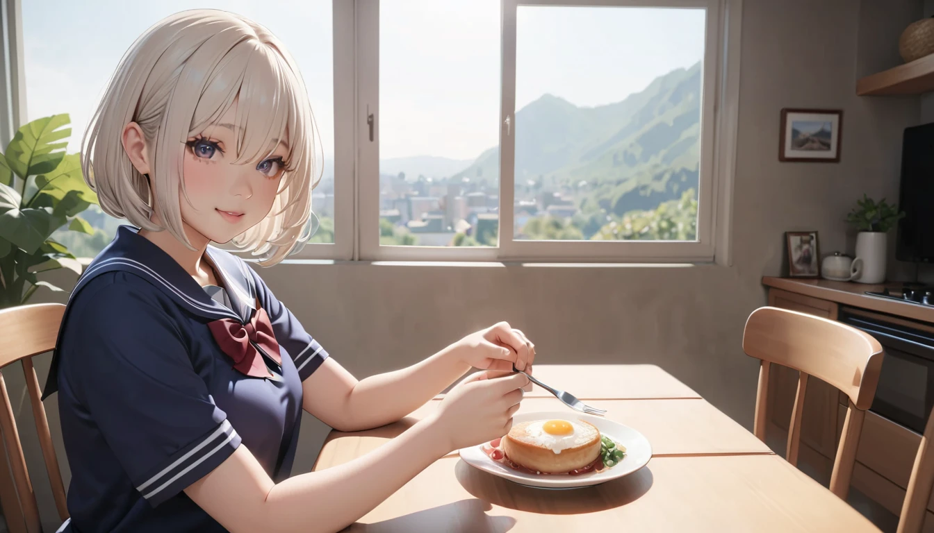 (best quality, masterpiece, absurdres, highres, ultra-detailed, extremely detailed, 32k, cinematic scene, detailed background), (full body:1.2), 1 girl, solo, perfect face, (platinum silver hair:1.5), (airy bob cut:1.6), (bang between eyes:1.4), (glossy silver eyes:1.5, large eyes), ((school uniform, short sleeve shirts)), large breasts, (eating japanese breakfast), in her home, at dining room, happy,
