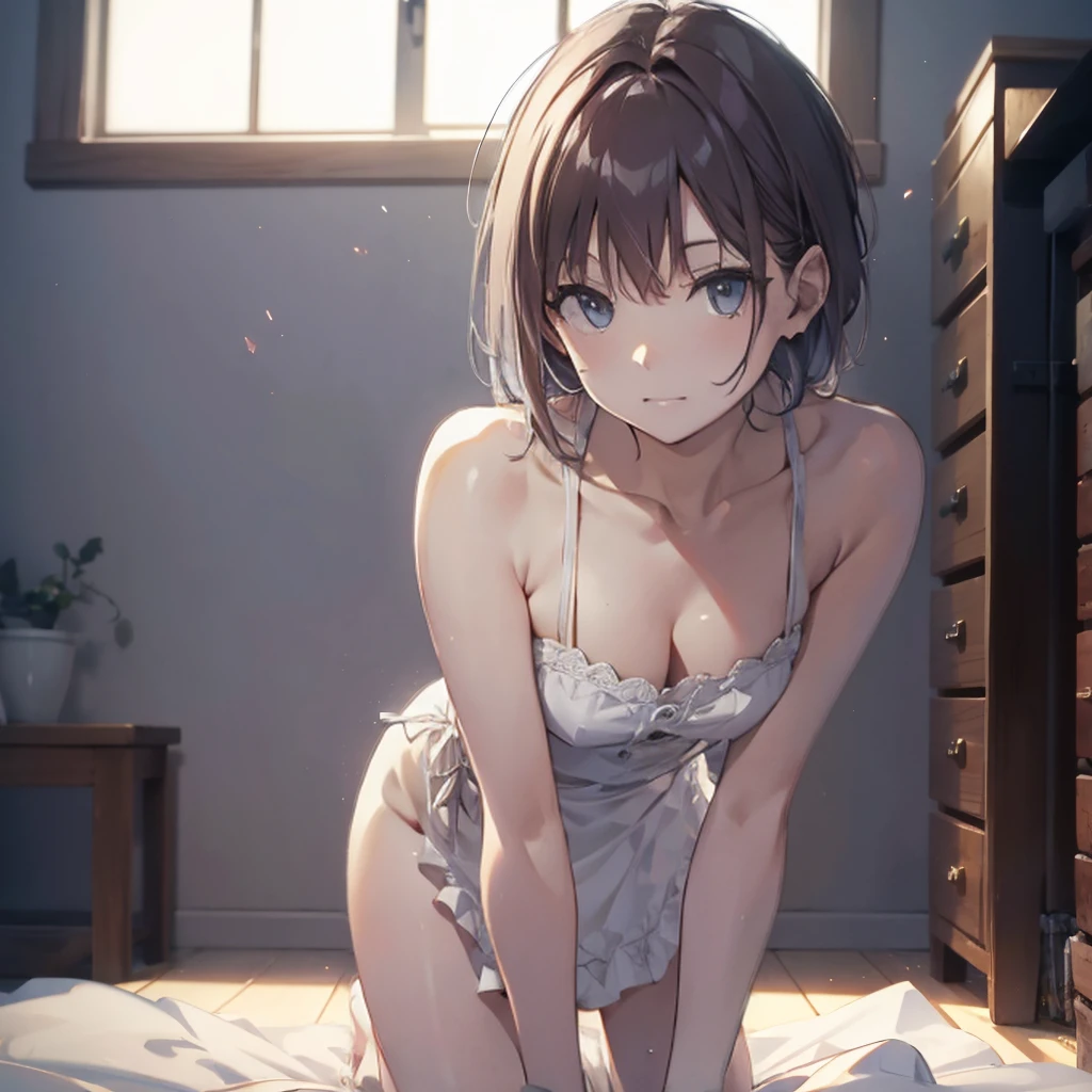 Official Art, unity 8k wallpaper, Very detailedな, masterpiece, Highest quality, 1 female, (Very detailed),(RAW Photos、Highest quality)、(Realistic、Photorealistic:1.3)、Attention to detail、顔のVery detailed複雑な 3D レンダリング、(Very detailed肌:1.2)、Dynamic Angle, Fire glow effect, Professional Lighting, Side light, Cinematic Light, Ultra-high resolution, 8k , Film Grain,Best Shadow, Particles of light, Fine skin, Detailed face, Intricate details, Very detailedな, Shine, Please reconsider、whole body,、Beautiful Face、Blurred Background、18 year old beautiful girl、Shine肌、thin、Wonderful friends、Delicate body、thin legs、Naked Apron、((Get on all fours))、Beautiful back、Butt、turn around、A photo from a little behind、Bend your body、