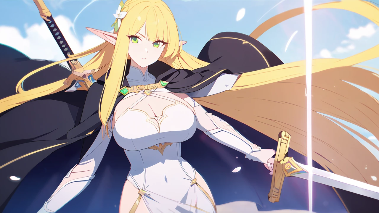 Yellow hair, Long hair, Elf ear, Green eyes, White outfit, sword, princess sword, big breasts, sexy outfit, black cloak, Hd, Character style, beautiful, fantasy, Effect